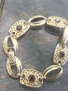 Sarah Coventry Gold-Tone Filigree Bracelet with Brown Stones